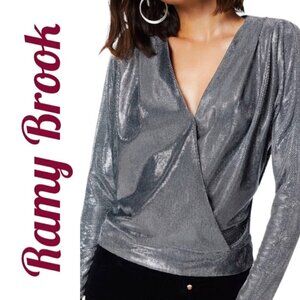 RAMY BROOK Esther Chainmail Metallic Silver Faux Wrap Long Sleeve Blouse, Small